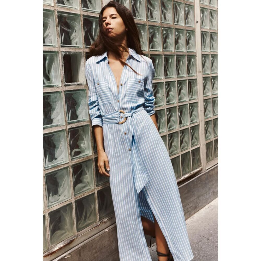 ZARA LINEN BLEND MIDI SHIRTDRESS STRIPED